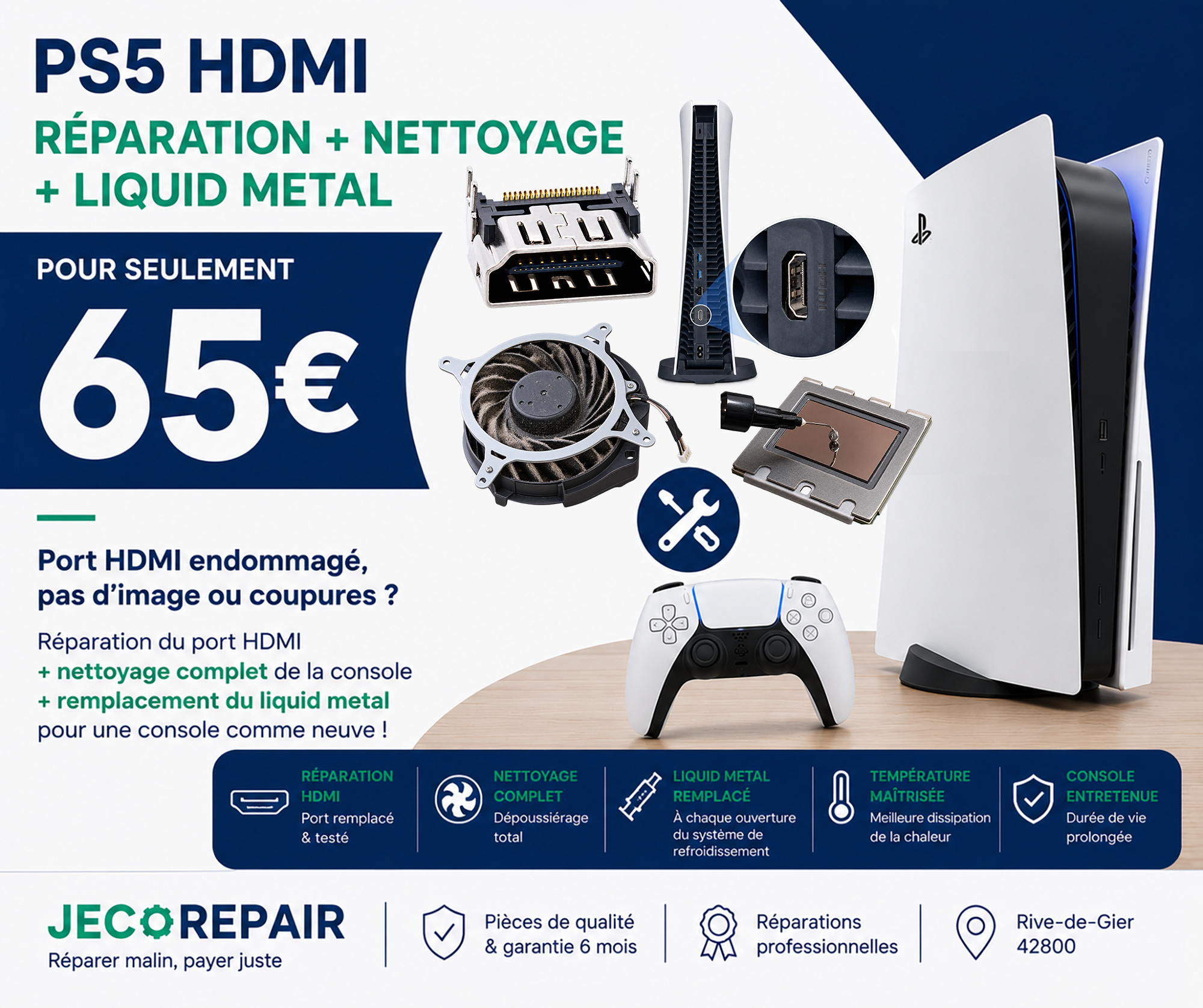 Réparation du port HDMI PS5 avec nettoyage et liquid metal à Rive-de-Gier