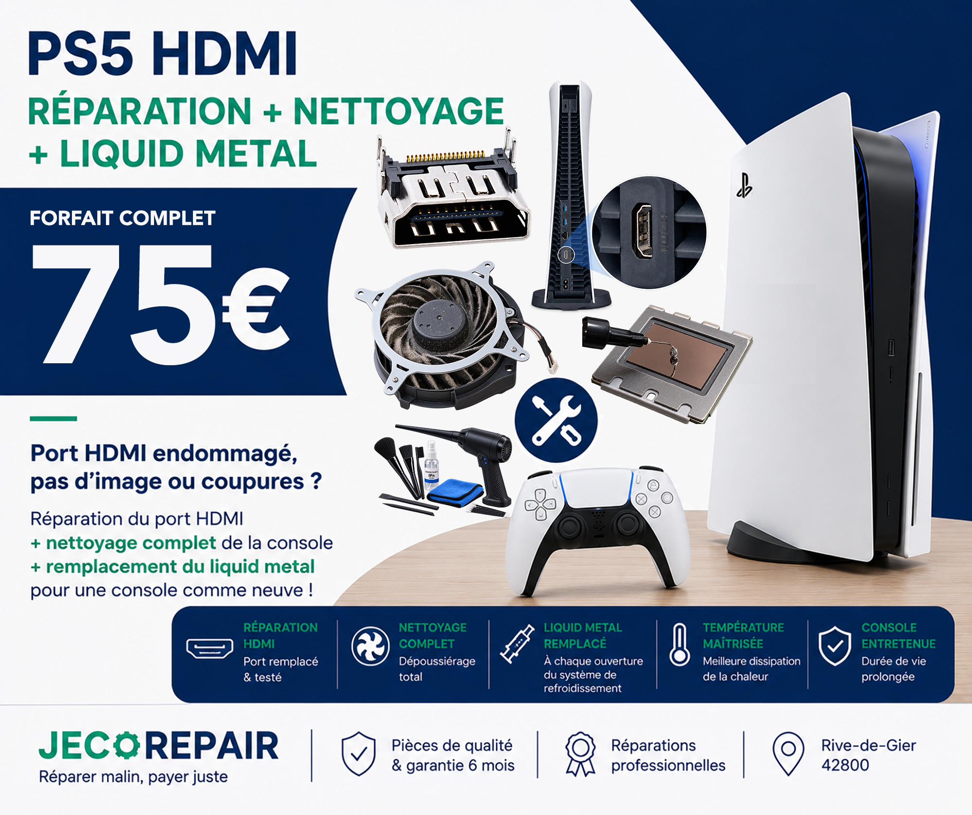 Réparation du port HDMI d’une PS5 par micro-soudure avec liquide métal, atelier Jeco Repair près de Saint-Chamond