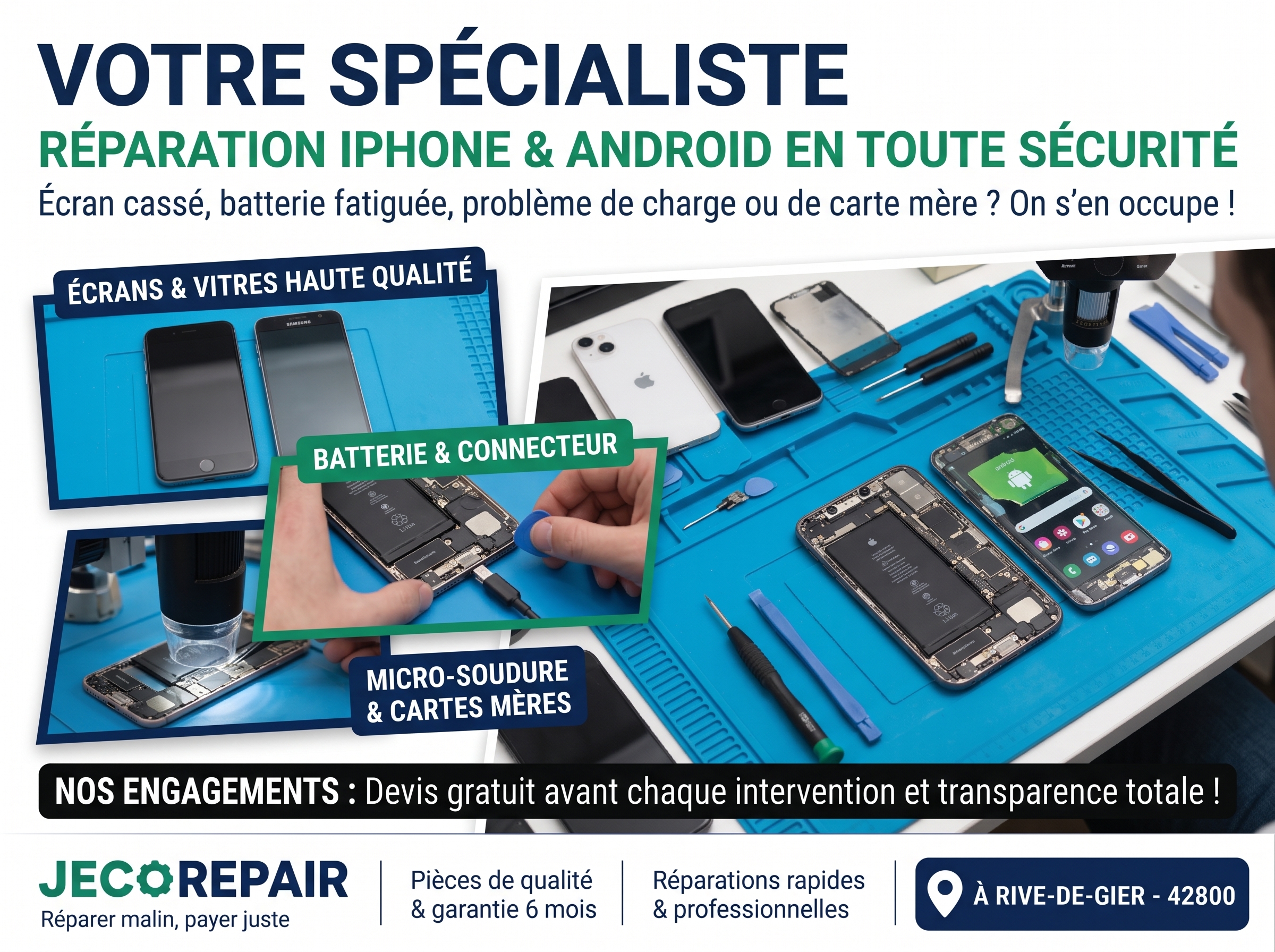 Réparation iPhone et smartphone Android près de Saint-Chamond : écran, batterie, connecteur de charge et micro-soudure chez Jeco Repair