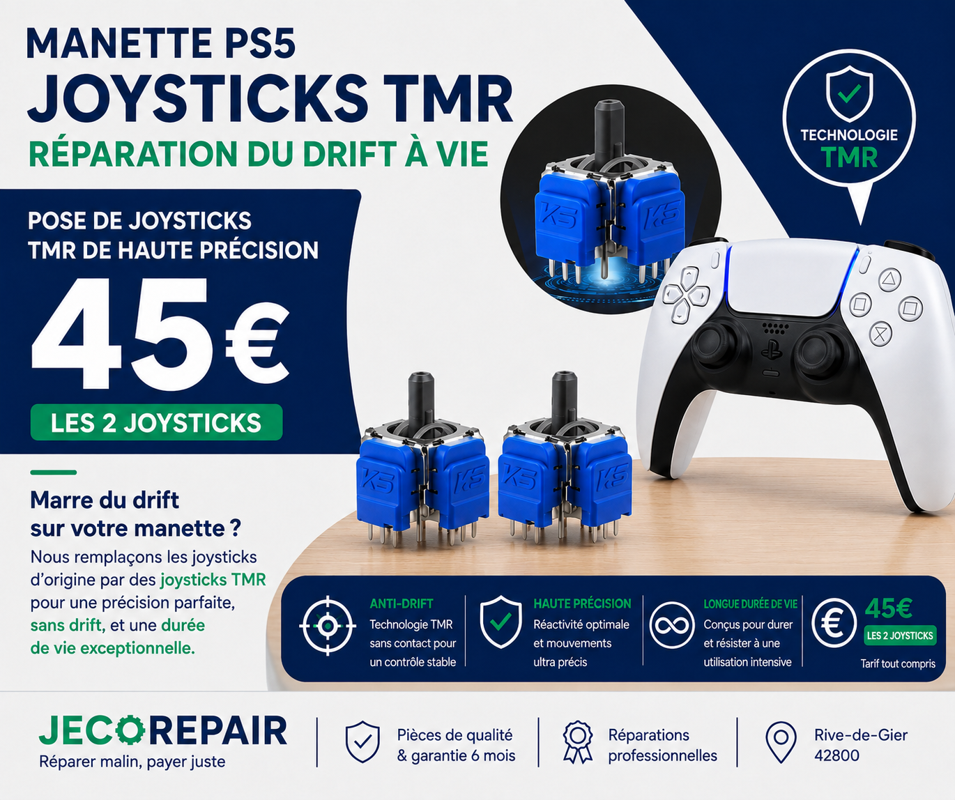 Remplacement des joysticks par des TMR anti-drift sur manette PS5 à Rive-de-Gier