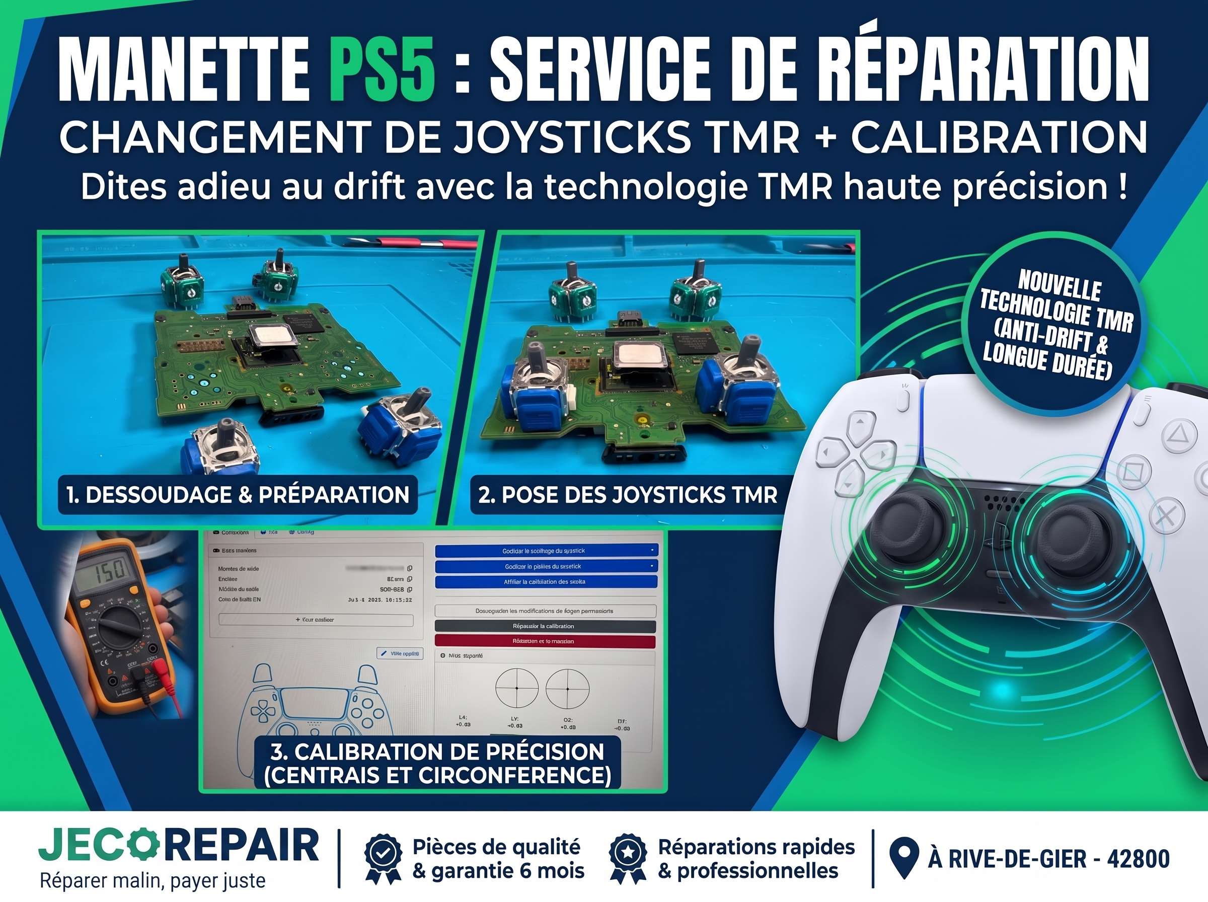 Remplacement des joysticks TMR d’une manette PS5 DualSense chez Jeco Repair : réparation anti-drift et calibration